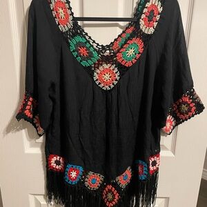 Boho Black Crochet-Trim Tunic Top with Multicolor Medallions